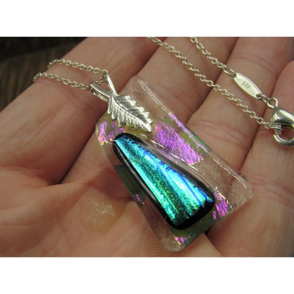 18" Sterling Silver Handmade Glass Nature Leaf Pendant Necklace Vintage - Picture 3 of 6